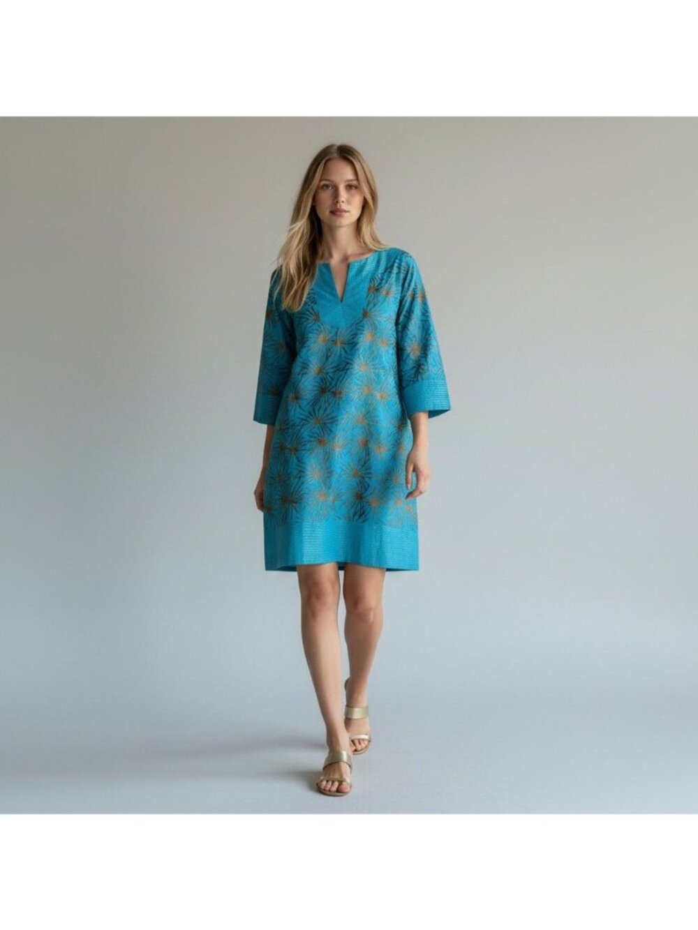 Gretchen Scott Designs Aqua Blue & Gold Floral Cotton Tunic Mini Dress V-Neck Si
